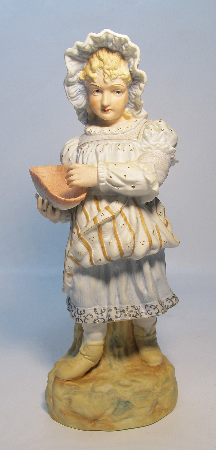 C 1885 Antique GERMAN Bisque Porcelain Hand Painted Girl w Basket