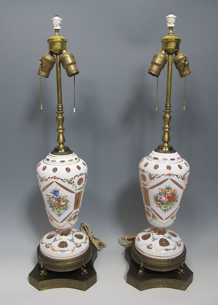 2 Antique Czech Bohemian White Cut To Cranberry Scroll Enamel Crystal Lamp Yqz Ebay